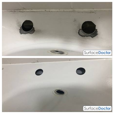 Ceramic Sink Repair Manchester assessment stage - Surface Doctor technician carefully examining and measuring ceramic sink damage to determine optimal repair approach and materials needed for Manchester property near the Town Hall
